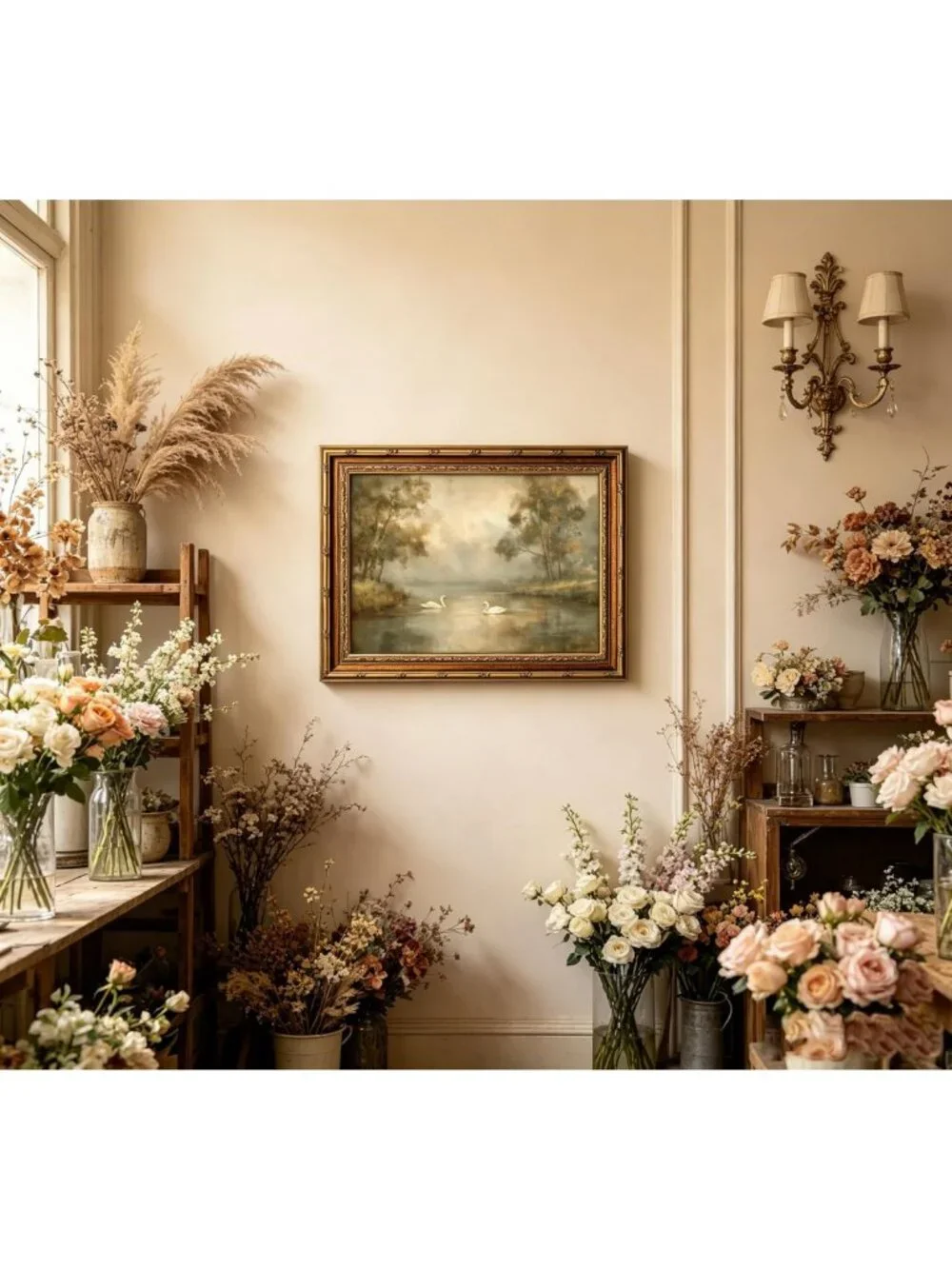Vintage Gold Framed Swan Lake Canvas Art - Rustic Romantic Landscape Print for